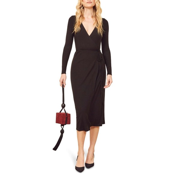 Reformation Dresses & Skirts - REFORMATION Jeans Black CELINE Rib Ribbed Stretch Knit Wrap Sweater LBD Dress S
